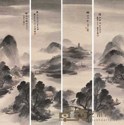 吴石僊 1907年作 山水（四幅） 立轴 134×32.5cm×4